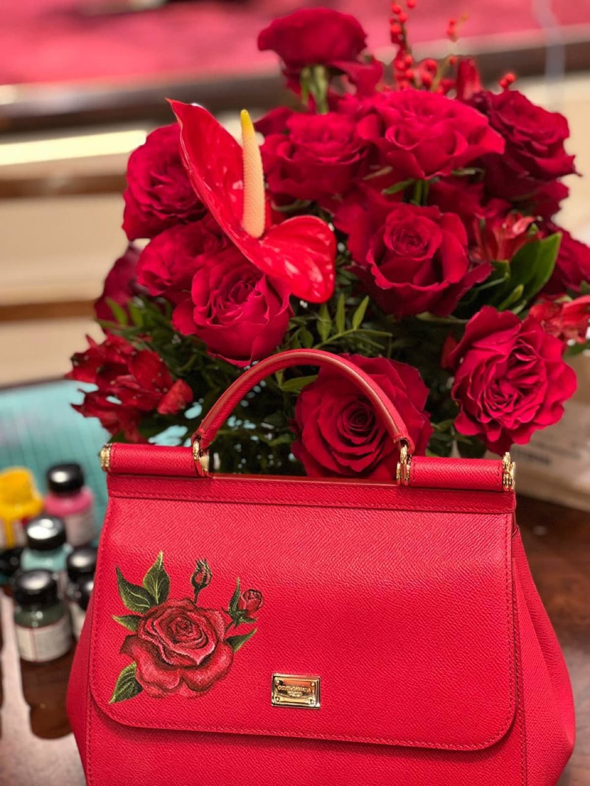 Сумка Dolce & Gabbana Sicily — акварельная роза — кастомизация, ручная роспись Street Wave