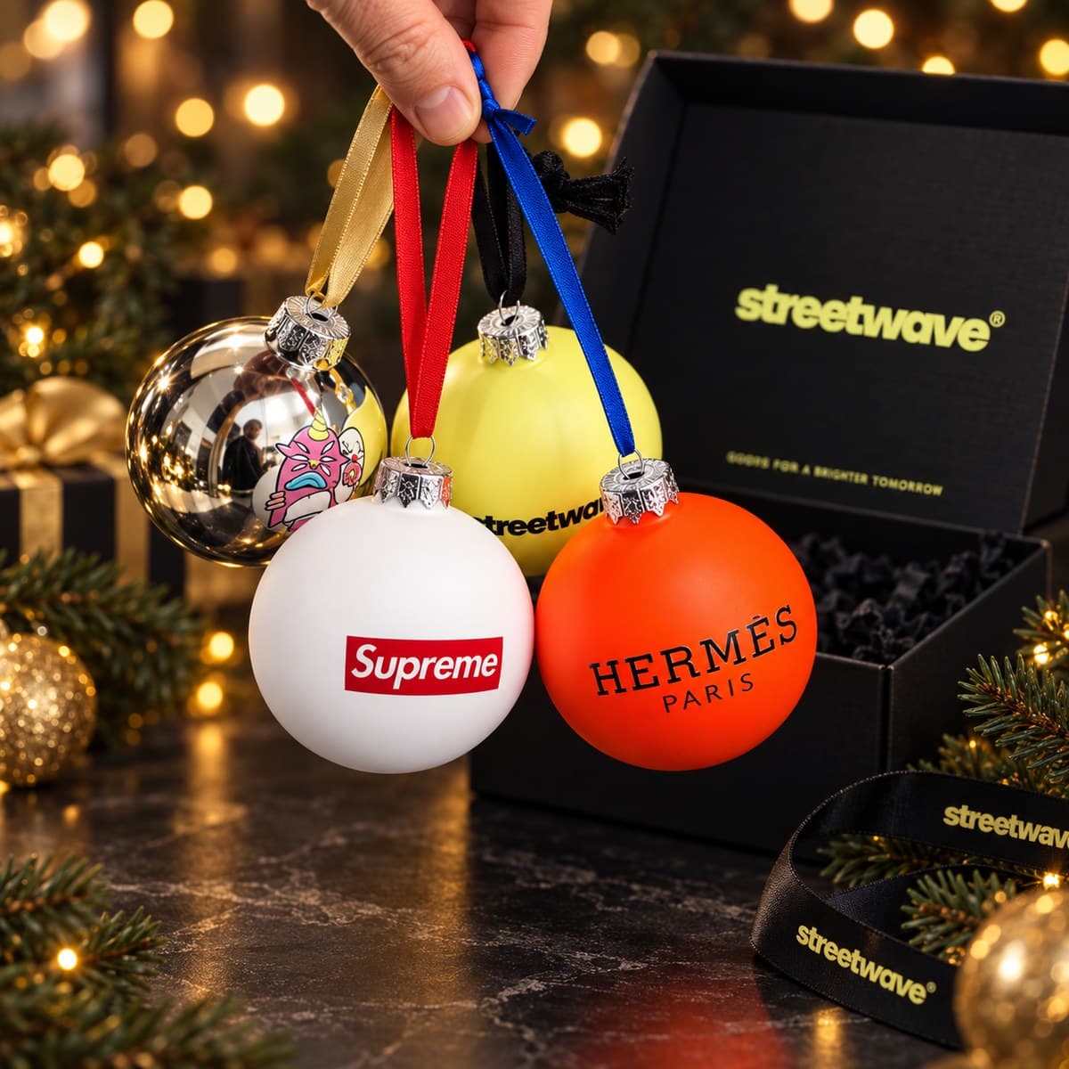 Четыре ёлочных шара на лентах: зеркальный с персонажем, Supreme, жёлтый streetwave и оранжевый Hermès