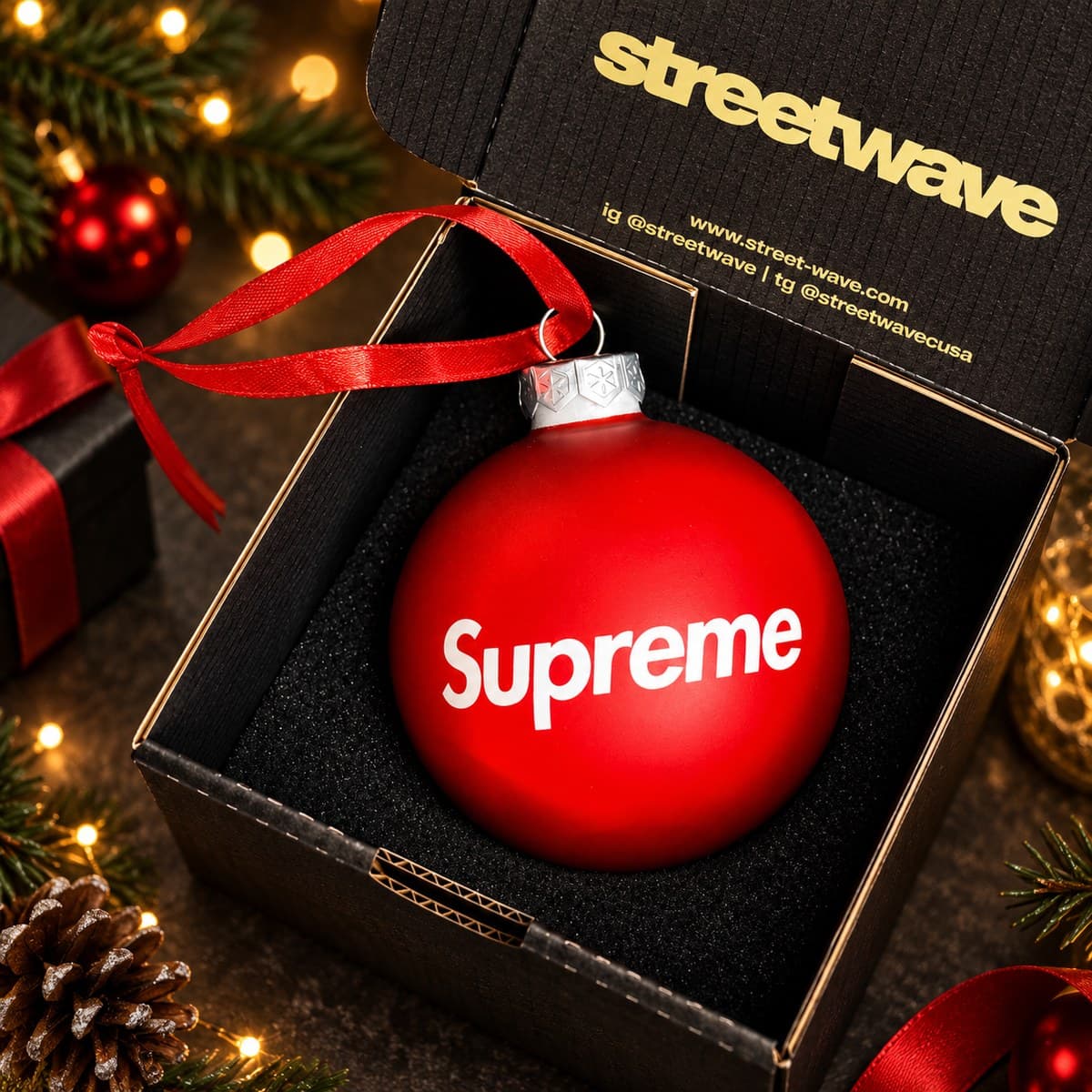 Красный матовый ёлочный шар с логотипом Supreme в чёрной коробке streetwave